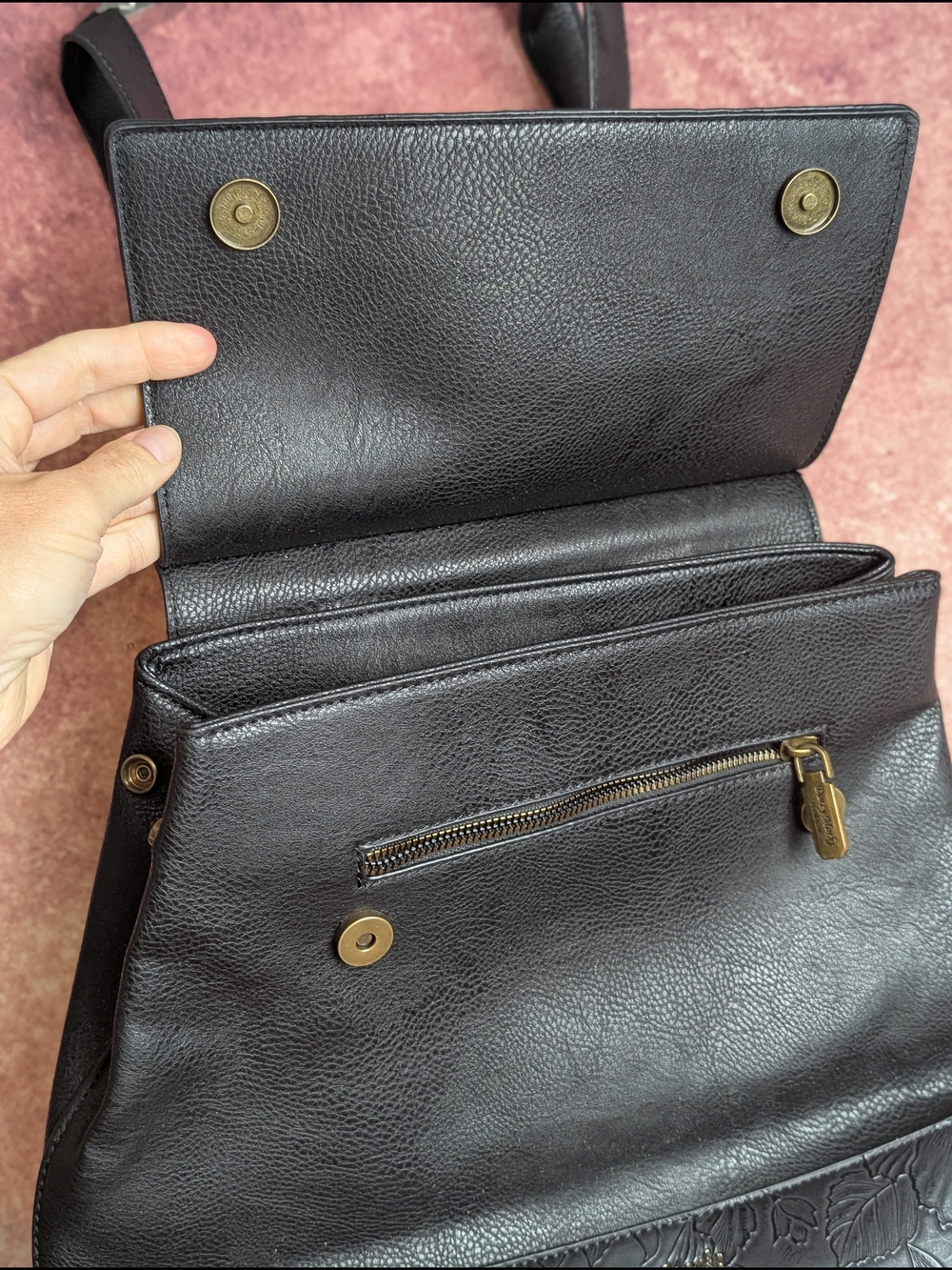 Darcy Marks London Black Vegan Leather Floral Embossed Backpack Purse - Picture 3 of 16